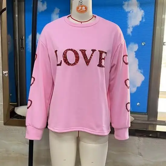 

Женские топы с длинными рукавами и блестками в форме сердца и круглым вырезом, повседневные свободные рубашки для весенне-осенней уличной одежды