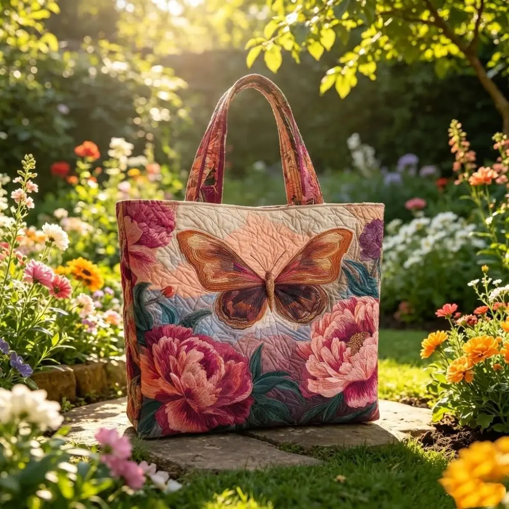 Butterfly Patterns Women Quilted Tote Bag Vintage Lightweight Canvas Shoulder Bag 3D Printed Patterns Cotton Shopping Bag