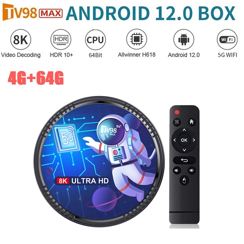 AU61-TV98MAX TV Box 4G+32G Allwinner H618 Android 12 Smart TV Box 2.4G+5G WIFI+Blutooth5.0 H265 TV98 Media Player