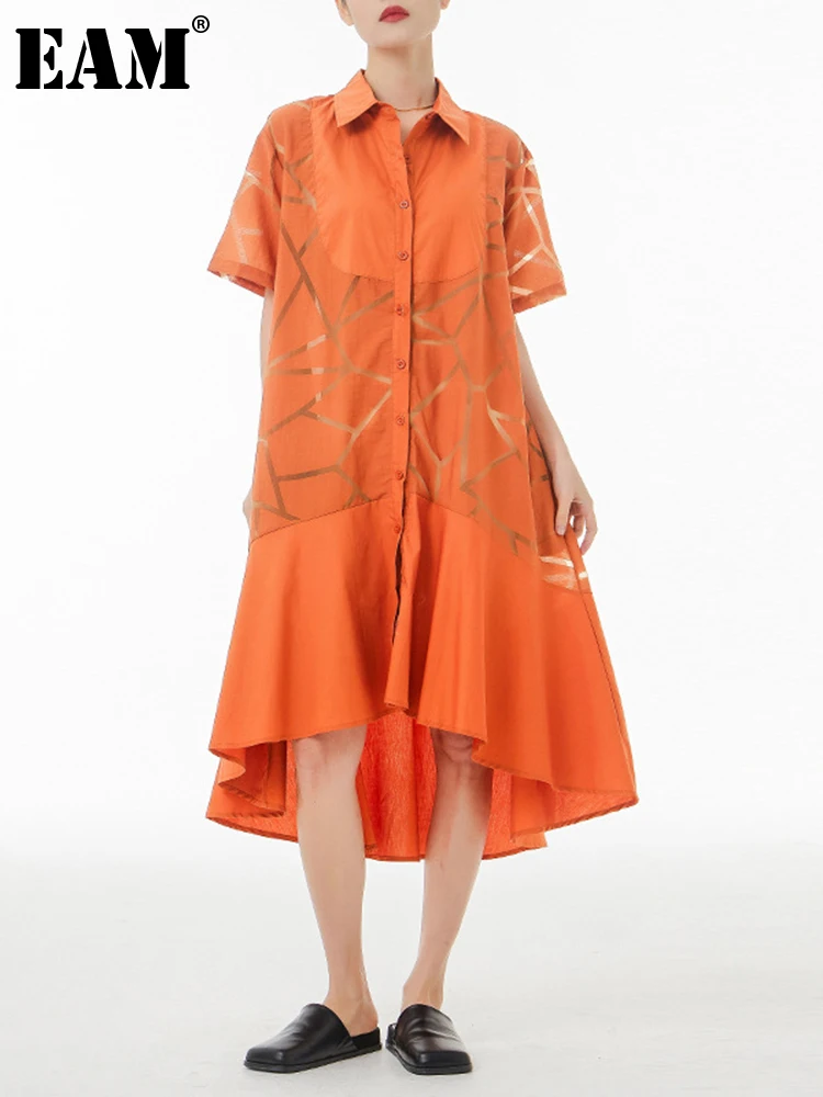 [EAM] Women Orange Perspective Big Size Ruffles Shirt Dress New Lapel Short Sleeve Fashion Tide Spring Summer 2024 1DE9785