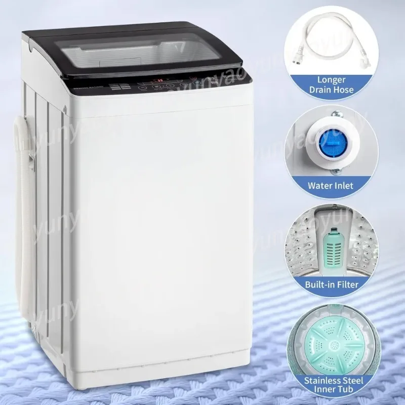 Full Automatic Washing Machine, 30Lbs Tempered Glass Lid Portable Washing with Drain Pump, 8 Wash Programs 5 Water Level