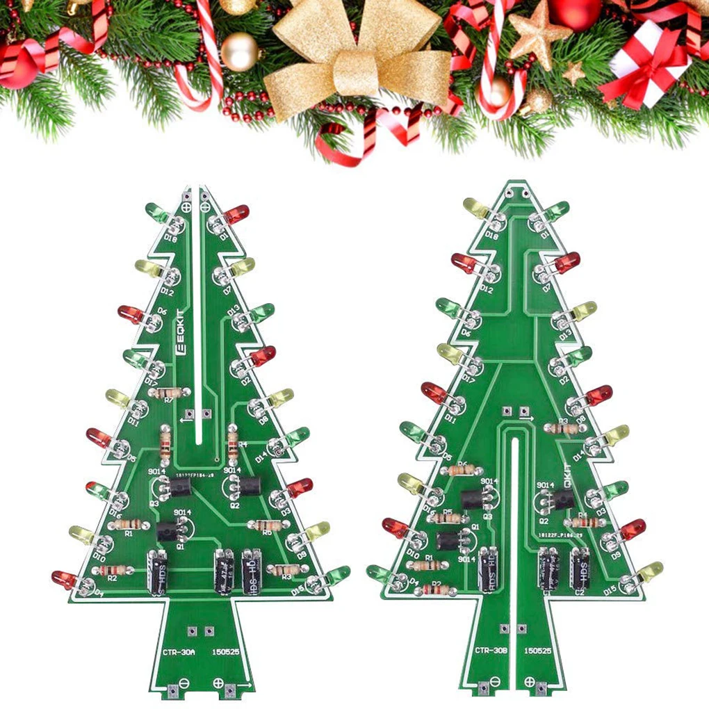 Christmas Tree DIY Kit Three-Dimensional 3D LED Red/Green/Yellow LED Flash Circuit Kit Electronic Learning Set PCB Solder Tools