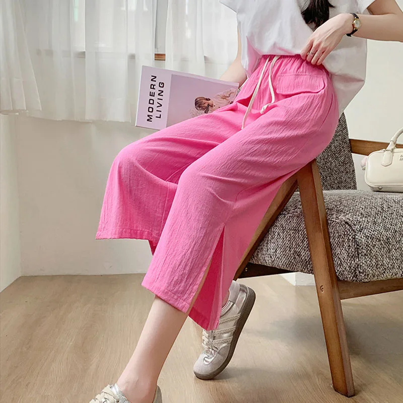 Spring Summer Women Straight Pants Casual Loose Ealstic Waist Wide Leg Calf-Length Pants Harajuku Vintage Side Split Trousers