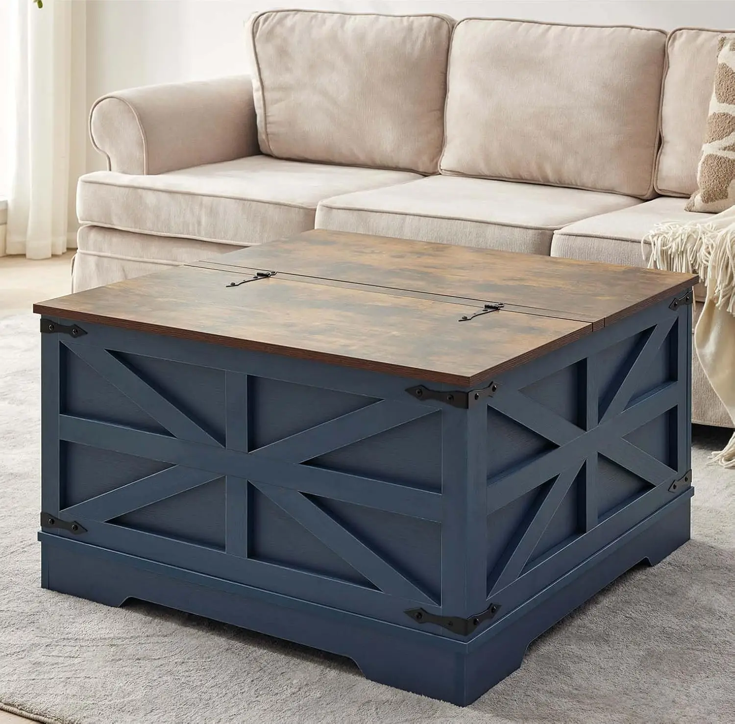 Farmhouse Coffee Table Set With Lift Top & Charging Station, 3 Piece Wood Living Room Furniture With Storage, Blue, Customized