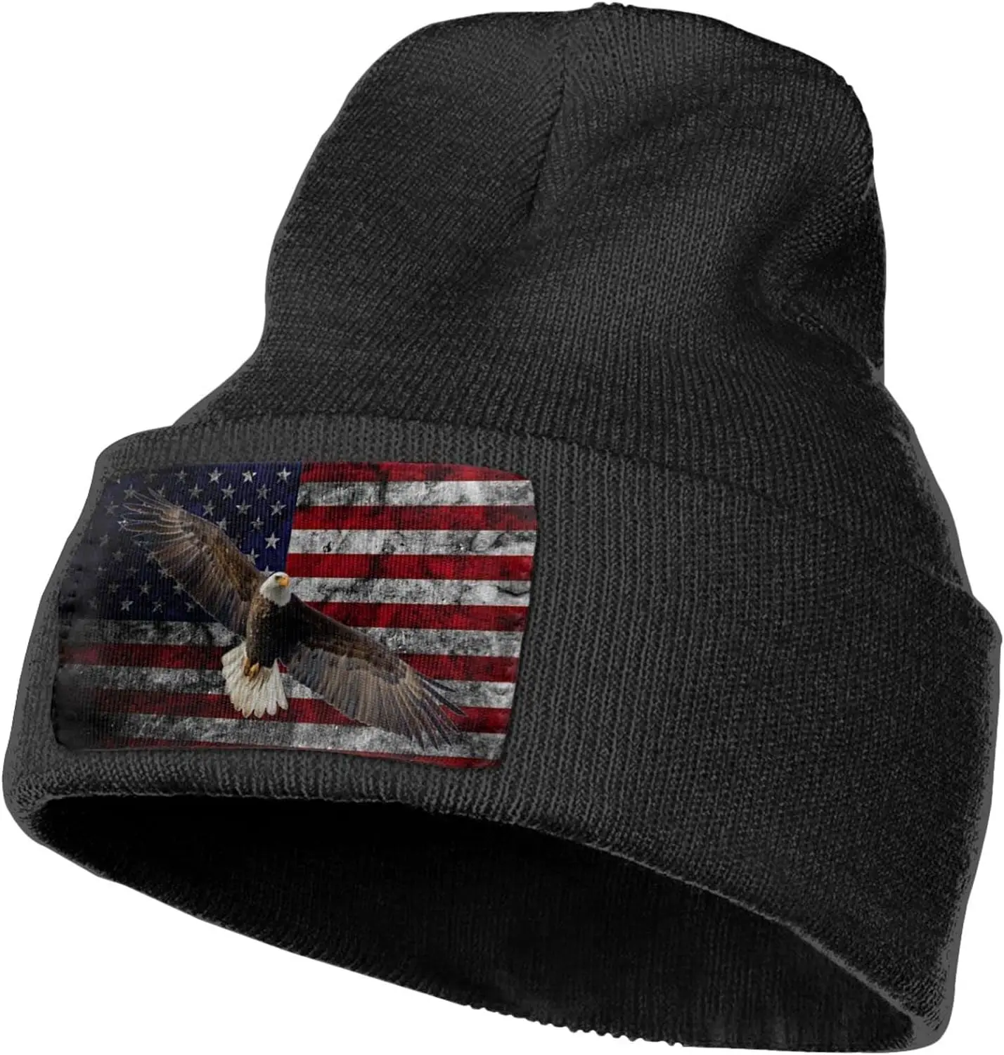 Bald Eagle USA Flag Beanie Winter Hat Warm Chunky Cable Knit Hats Soft Stretch Thick Cute Knitted Cap for Cold Weather Black