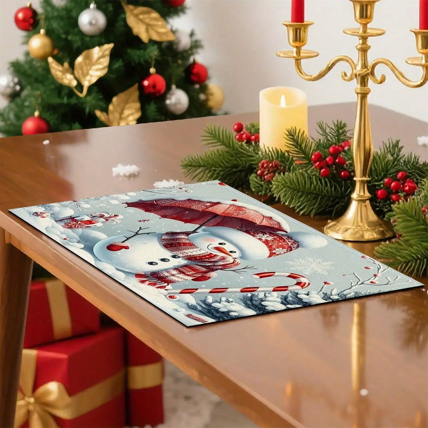 6pcs Winter Snowman, Snowflake & Pine Placemats Suitable For Christmas - Polka Dot Table Mats With Umbrella, Hand Washable, Rectangular For Kitchen Dining Table Decor, Holiday Party