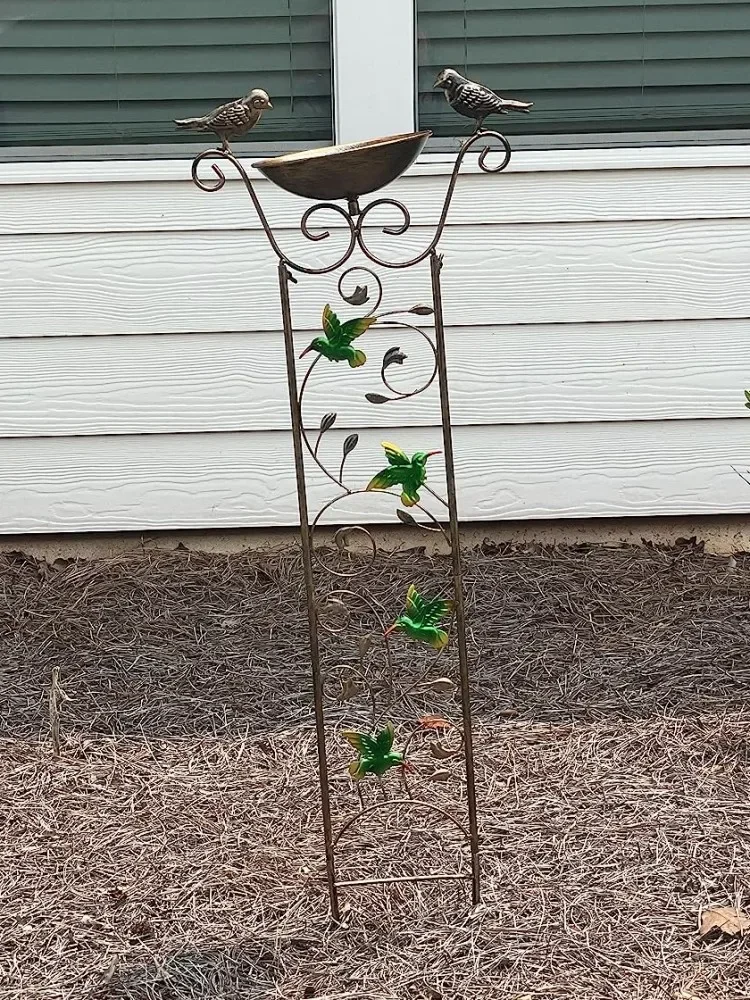 Antique Garden Iron Trellis with Hummingbird Butterfly Detachable Bird Bath Bowl DIY Metal Potted Plant Flower Climbing Support