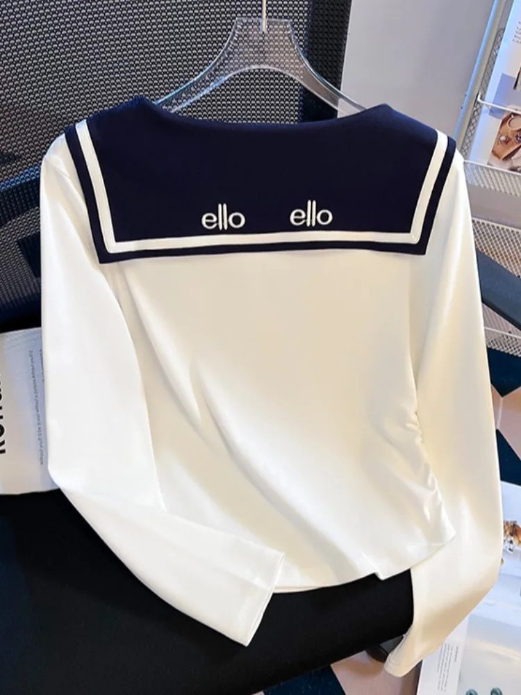 الكورية Sle طويلة Sve تي شيرت المرأة أوائل الخريف الخصر الصغيرة Cinched مطوي ort الأعلى مع وشاح الكتف تصميم الذاتي Kept #4