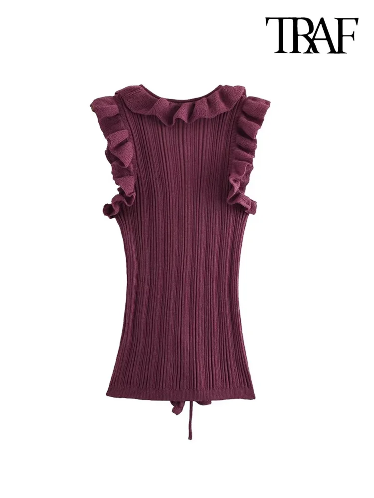 TRAF-Ribbed Knit Sweater with Ruffles for Women, Front Tied, V Neck, Sleeveless, Female Waistcoat, Chic Tops, Fashion