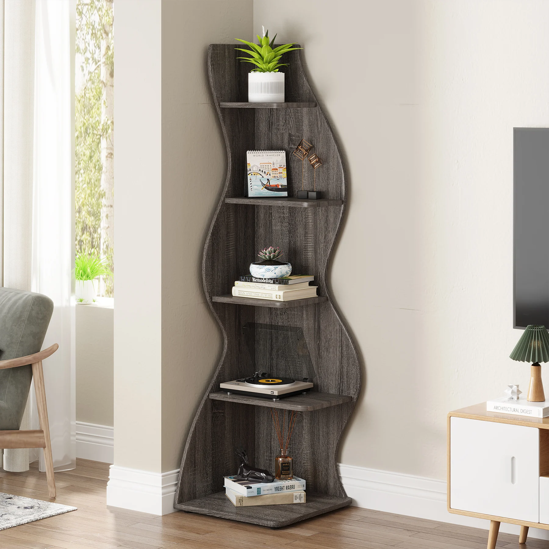 Tribesigns Corner Shelf, Modern 5-Tier Wall Corner Bookshelf, Stylish Corner Small Bookcase Storage Rack Plant Stand image 3