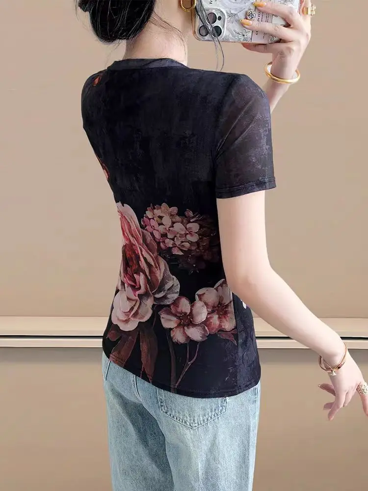 2025 Summer Tops Women's V-Neck Sheer Mesh Floral Print Short Sleeve T-Shirt Elegant Chic Base Blouse