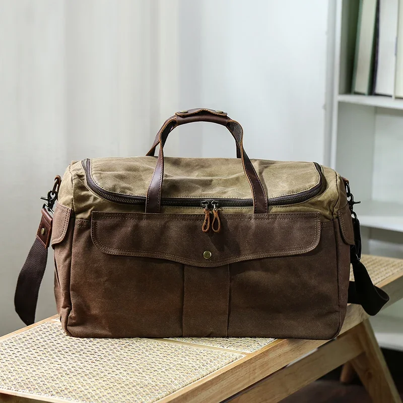 WaterProof Wax Canvas Leather Men\'s Travel Bag Totes Luggage Bag Vintage Carry On Large Male Duffle Big Overnight Weekend Bag