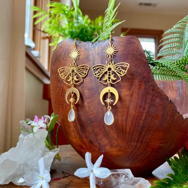 Boho Hippie Celestial Moonstone Moth Earrings Hypoallergenic Fairy Handmade Creativity Novelty Jewelry Women Gift Statement