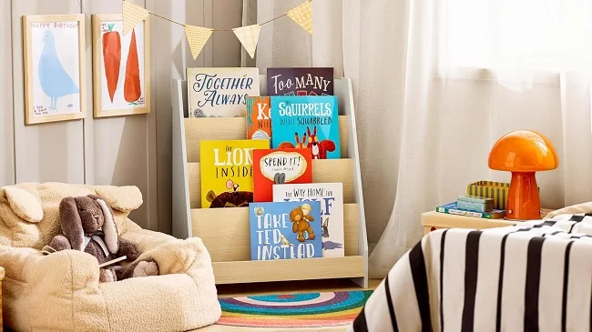 Bücherregal, Kinderbücherregal mit 4 offenen Fächern, Kindermöbel zur Aufbewahrung mit Vorderseite zur Präsentation, 61 x 30 x 71 cm, Farbe: Weiß + Holz. – Detail 1