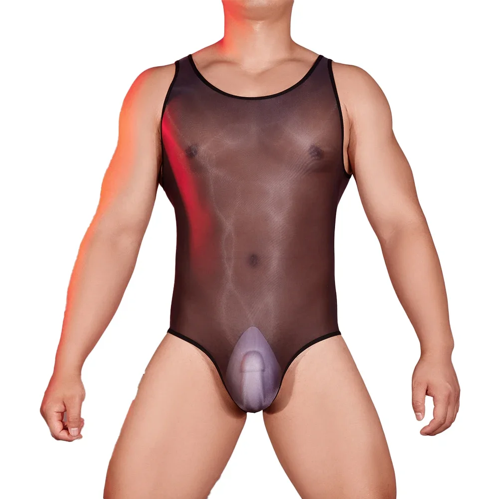 Oil Glossy See Through Stretchy Sleeveless Playsuit For Men Sexy Bodysuit Sheer Mesh Perfect Swimwear And Lingerie Choice