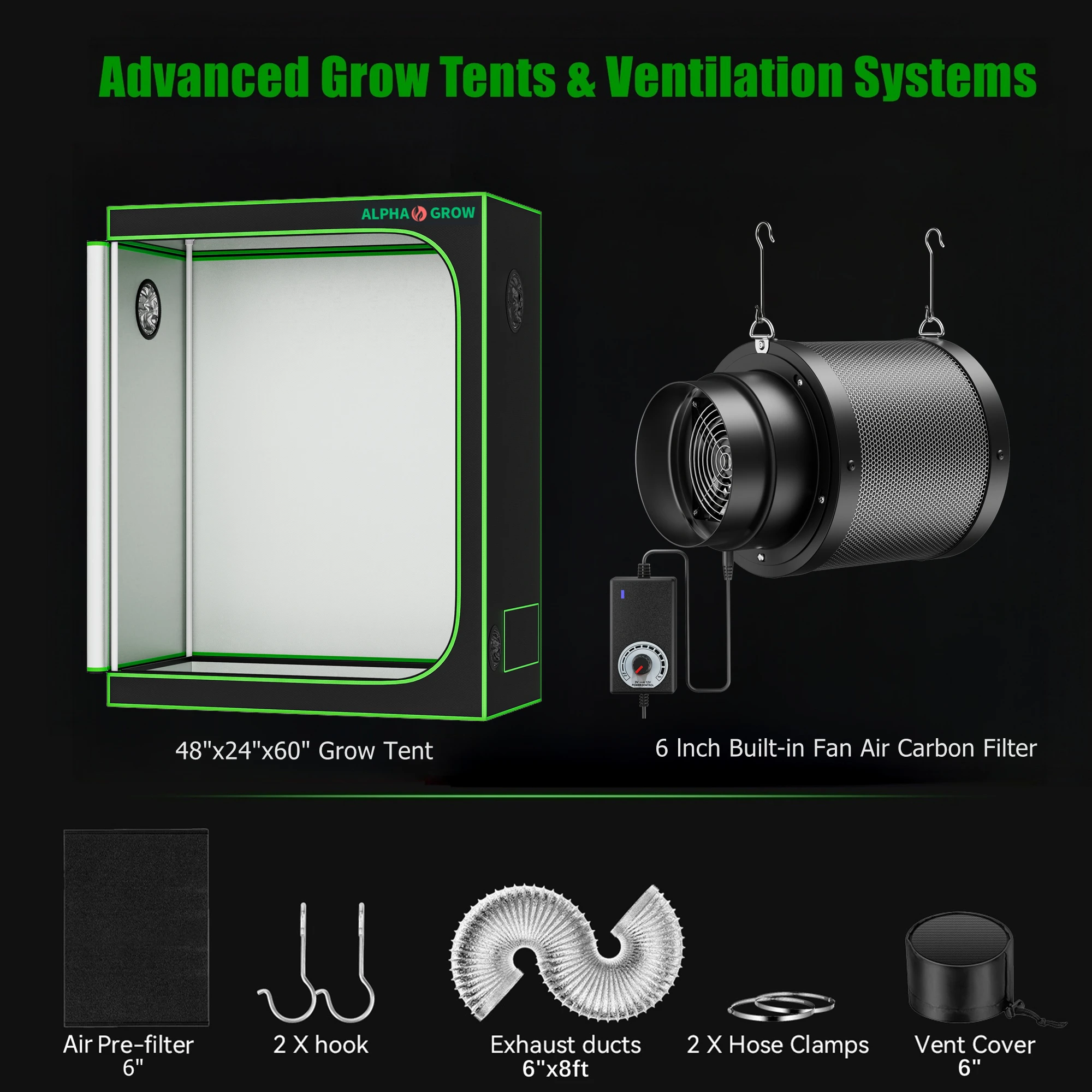 ALPHAGROW Fan-Filter Combo Grow Tent Kit - 6 Inch Inline Charcoal Unit With Speed Controller & Dual Flanges,2x2 Tent 24