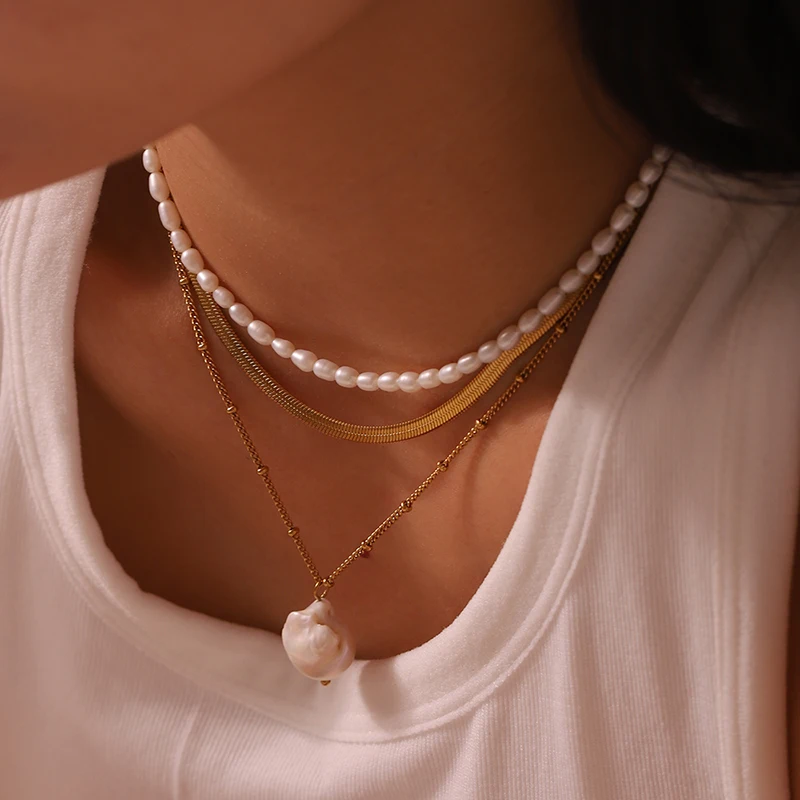 

Simple Dainty Baroque Pearl Freshwater Natural Pearl Pendant Necklace 18K Gold Plated Stainless Steel Beads Chain Collar Gift