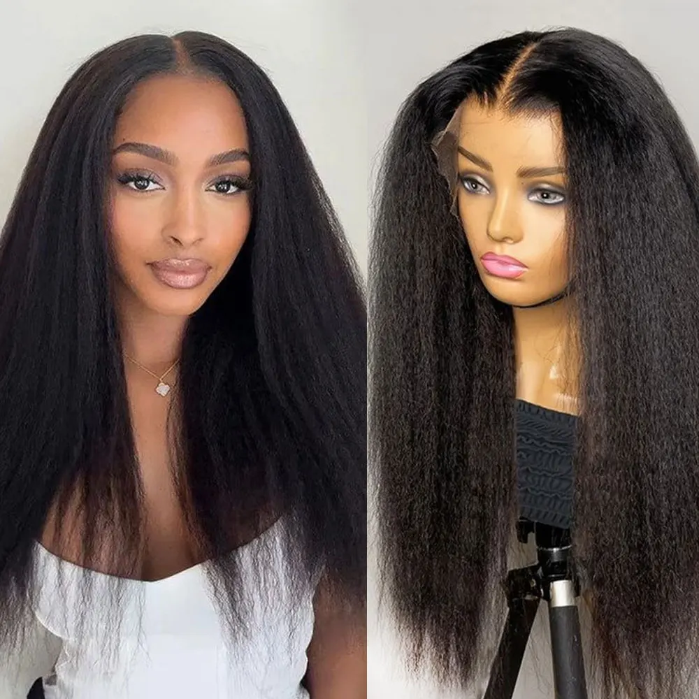 Megeen Kinky Straight 13x6 Lace Front Wig Human Hair Burmese Yaki Straight HD Transparent Lace Frontal Wig 3C4A Curls 1B Black