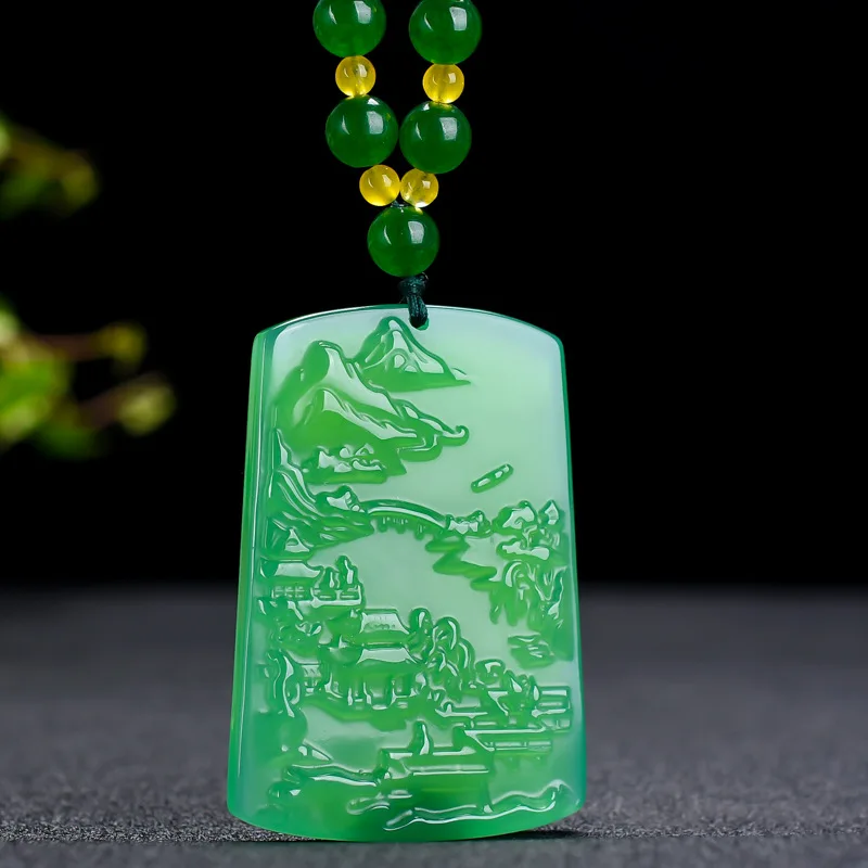 Natural Agate Carved Green Chalcedony Landscape Brand Pendant Men's and Women's Popular Versatile Pendant