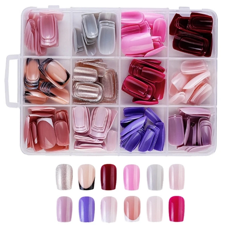 1Box Fashion Medium Square False Nails With Lines Design Comfortable Press On Nails Embellishments for Women