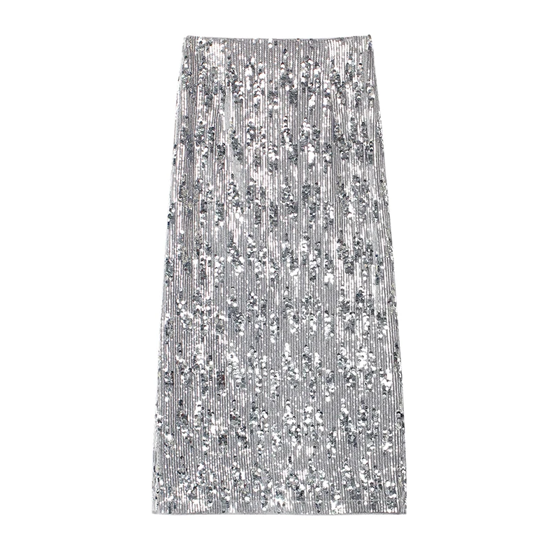

Advanced Heavy Industry Silver Grey Velvet sequined Half length Skirt with High Waist and Slimming Appearance Long Dress