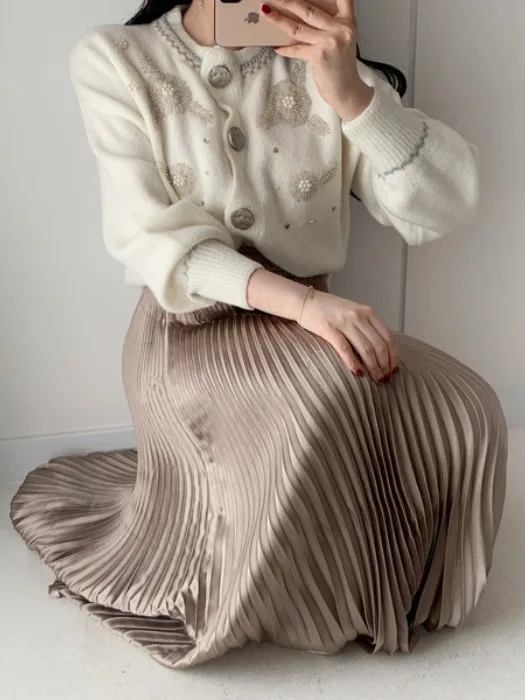 

Шикарный свитер с вышивкой бисером в стиле ретро, плиссированная юбка с высокой талией, женский модный ансамбль, весенний сезон