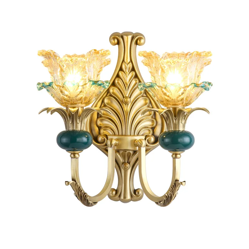 

European style, all copper, wall lamp, flower, art, glass, decoration, living room, background wall