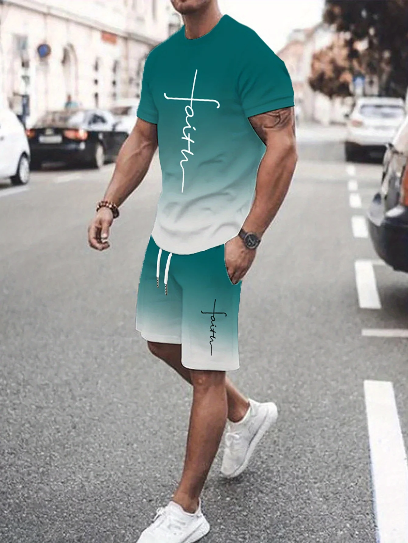

Street Daily Men's Clothing Outdoor Casual Gradient Color Short Sleeve T-shirt Big Size Breathable Side Pocket Drawstring Shorts