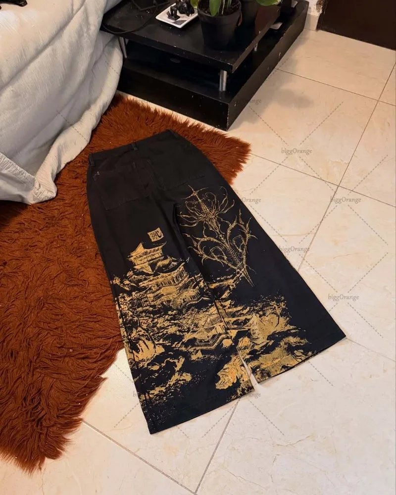 Y2K Harajuku ملابس الشارع الشهير بنطلون عتيق شارع العليا القوطية ريترو أسود واسع الساقين الهيب هوب الشرير جينز فضفاض غير رسمي للنساء