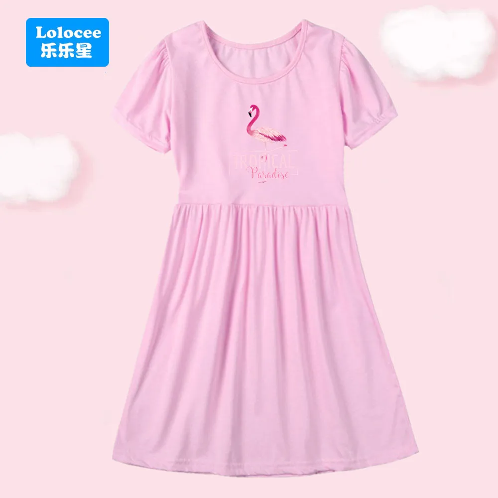 Girls' Cartoon Flamingo Print Short Sleeve Dress - Tropical Paradise Casual Summer Dress for Kids HLN1