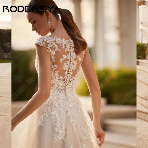 Imagen 2 del producto RODDRSYA-vestidos de novia con cuello en V y mangas casquillo, apliques de encaje, línea A, vestidos de novia Civil, vestidos de novia con lentejuelas personalizados, 2025Roddsya capucha manga V cuello vestido de novia