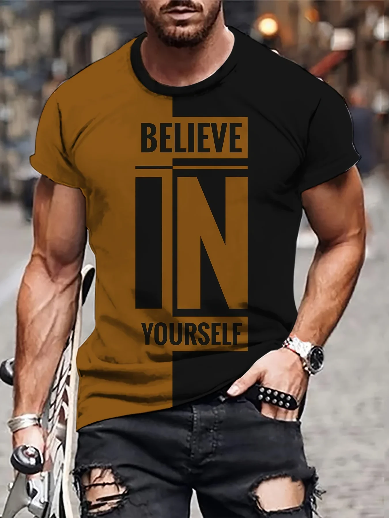 T-shirt à manches courtes et col rond pour hommes, couleur marron, avec impression « Believe IN Yourself », décontracté, pour l'extérieur