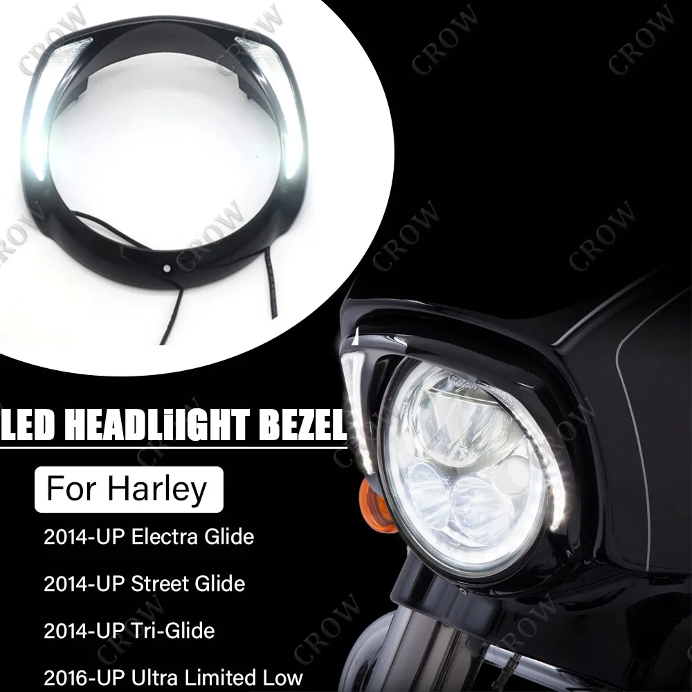 

Motorcycle LED Anti-Collision Headlight Bezel Daytime Running LightFor Harley Touring Tri Road King Street Electra Glide Low