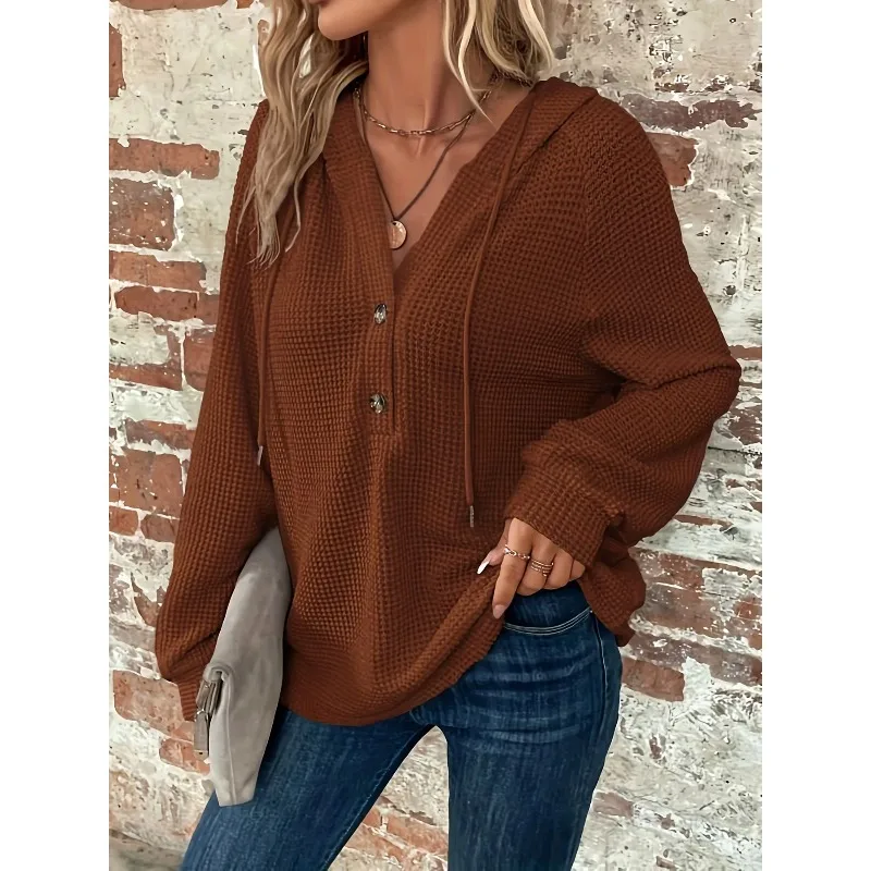 Plus Size 1XL-5XL New Women's Fashion Hooded Long Sleeved Solid Color Hoodie Sweatshirt Women with Buttons Hoodie