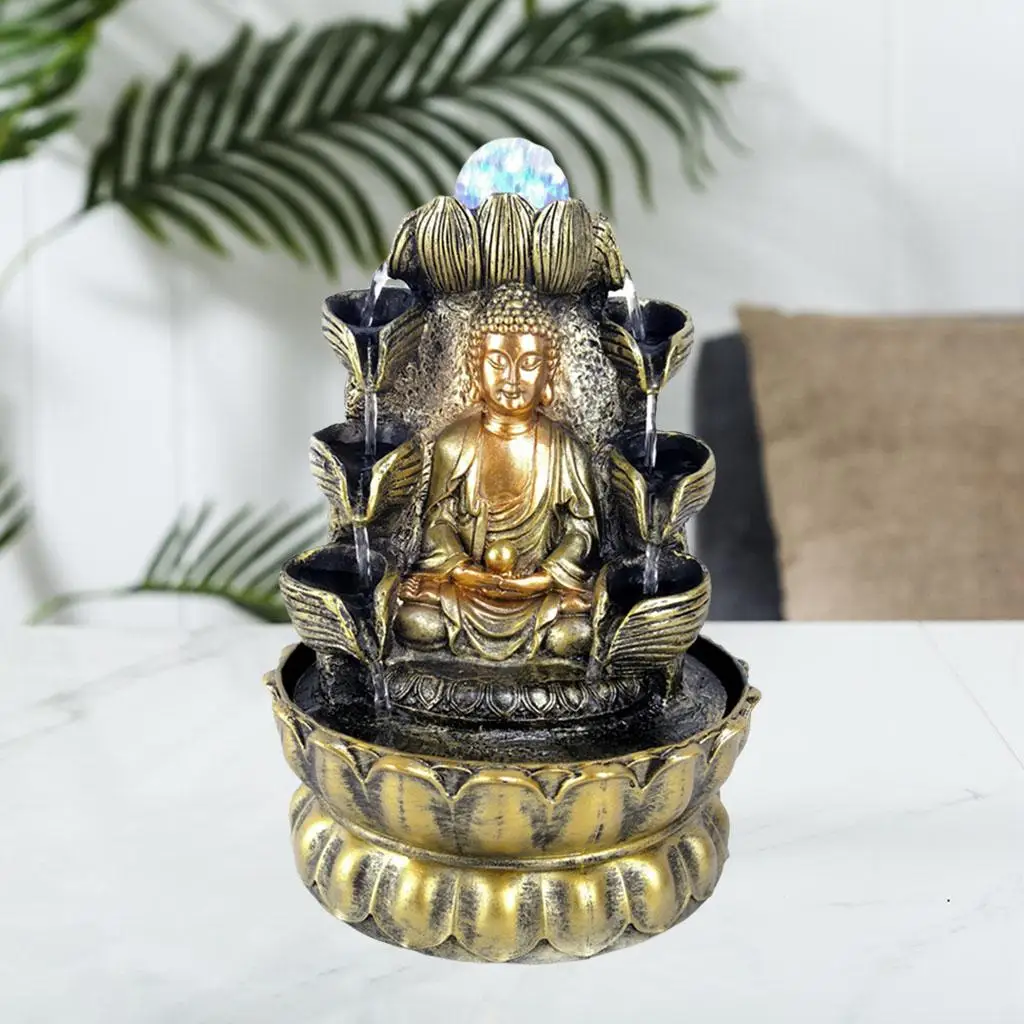 Mini Table Fountain Resin Buddha Statue with LED Color Changing Ball for Stress Relief Home Decor