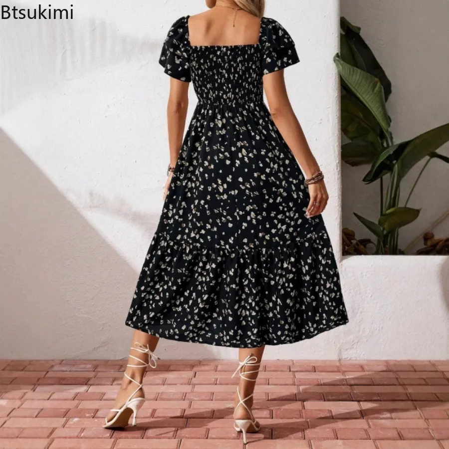 Nouveau 2025 femmes printemps été tenue décontractée à manches courtes taille élastique noir imprimé fleuri plissé dos nu tenue décontractée femme