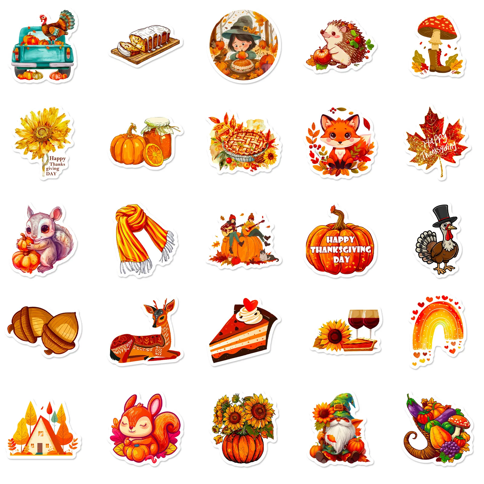 10/30/50PCS Thanksgiving Day Stickers Turkey Cartoon Graffiti Golden Good Harvest Decals Waterproof Decoration Diary Scrapbook