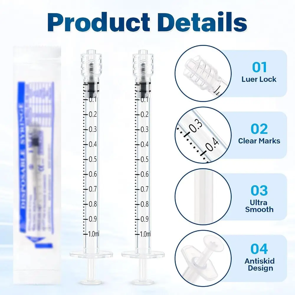 100Pcs 1ml Luer Lock Tip Sterile Syringe No Needle, Individually Wrapped Disposable Syringes For Lab & Home Use