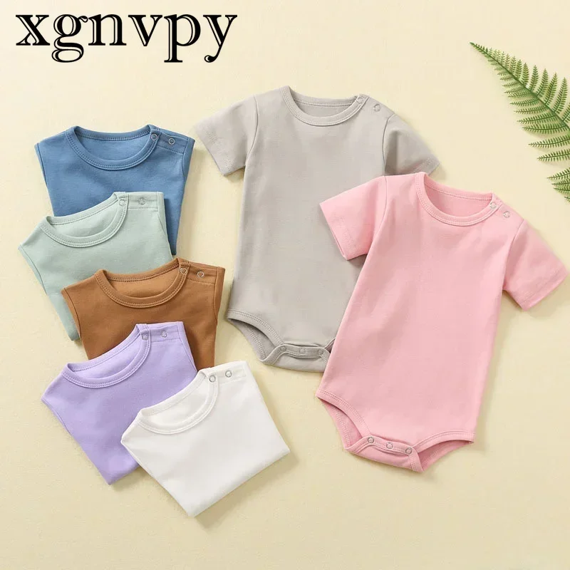 Xgnvpy Baby Summer Rompers Short Sleeve Organic Cotton Infant Classic Romper Pajamas Solid Color Boy Girl Clothes