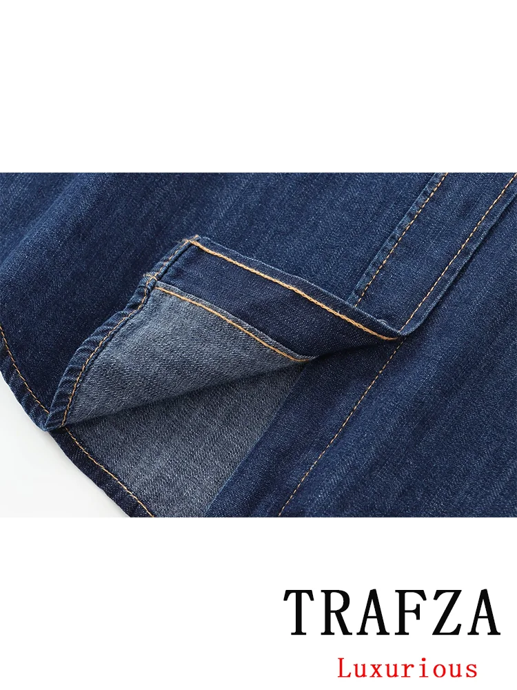 TRAFZA Vintage Casual Chic Denim Women Blouse Bow Long Sleeve O Neck Pocket Single Breasted Blouse New Fashion 2024 Autumn Shirt