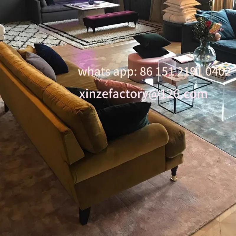 Customizable three-person sofa down filled removable washable American retro yellow style velvet dark green sofa