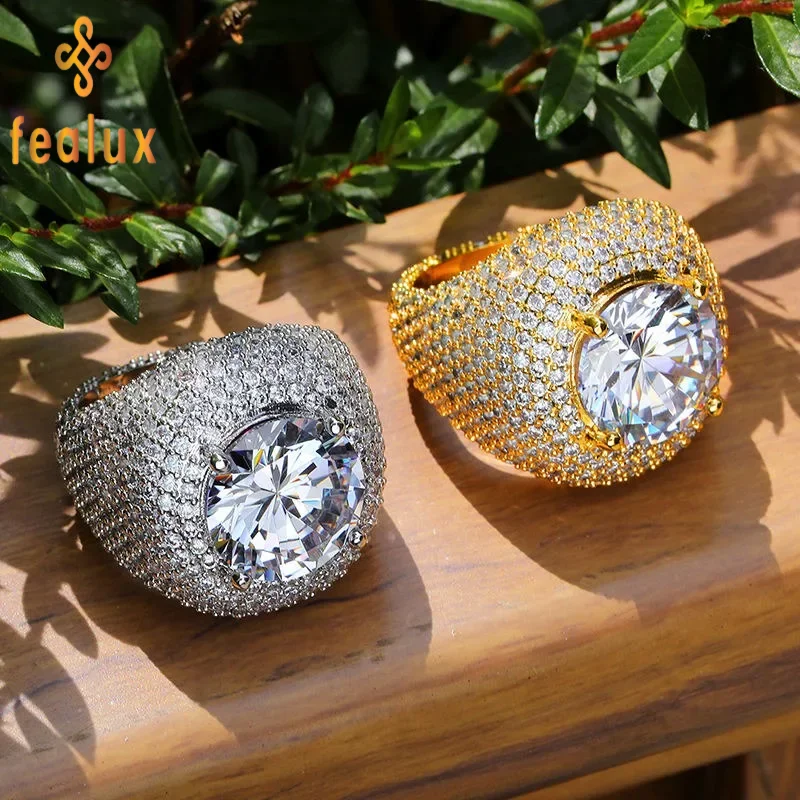 

Последнее поступление в стиле хип-хоп, позолоченное кольцо 18 карат с большим круглым бриллиантом Iced Out, кольцо Micro Pave Full CZ для мужчин