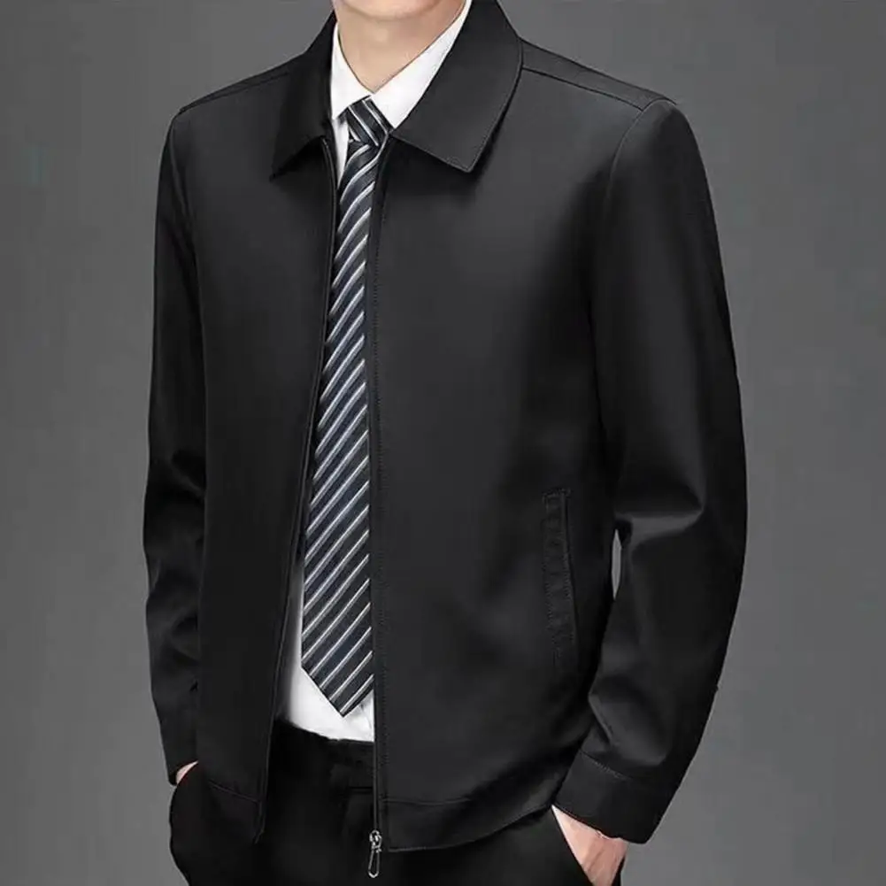 Men Lapel Business Coat Turn-down Collar Casual Zip-up Cardigan Solid Color Smooth Thin Loose Mid-aged Father Mid-aged Jacket