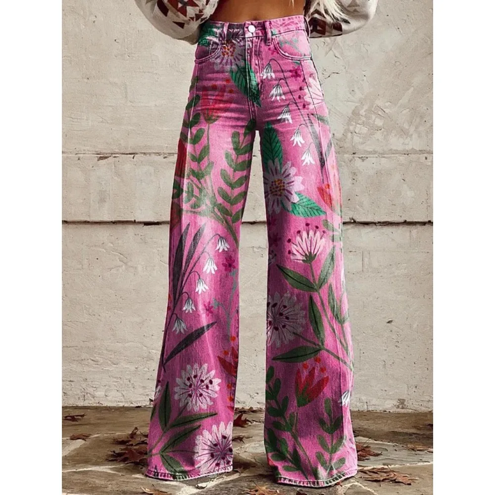 Damen Blaue Orientalische Pflaumenblüten-Druck Hose mit Hoher Taille und Weitem Bein Vintage Blumenmuster Y2K Ästhetik Lose Hose Retro Streetwear – Detail 11