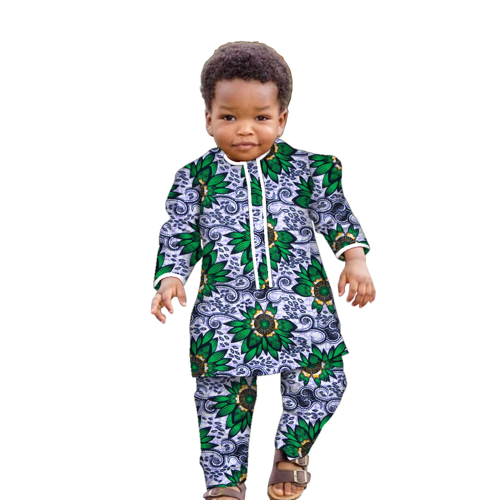 Ankara Fashion Floral Print Boy Suit 2 Pcs Set Long Sleeve Shirt and Pant African Clothes for Boy Dashiki Boy Outfit Wyt621