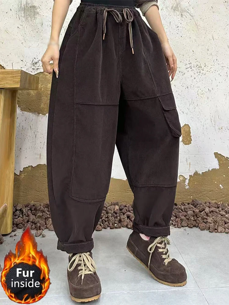 Amax LuluE, ropa de moda coreana, pantalones de piel Vintage holgados y cálidos para mujer, pantalones Harem clásicos informales con cintura elástica para invierno