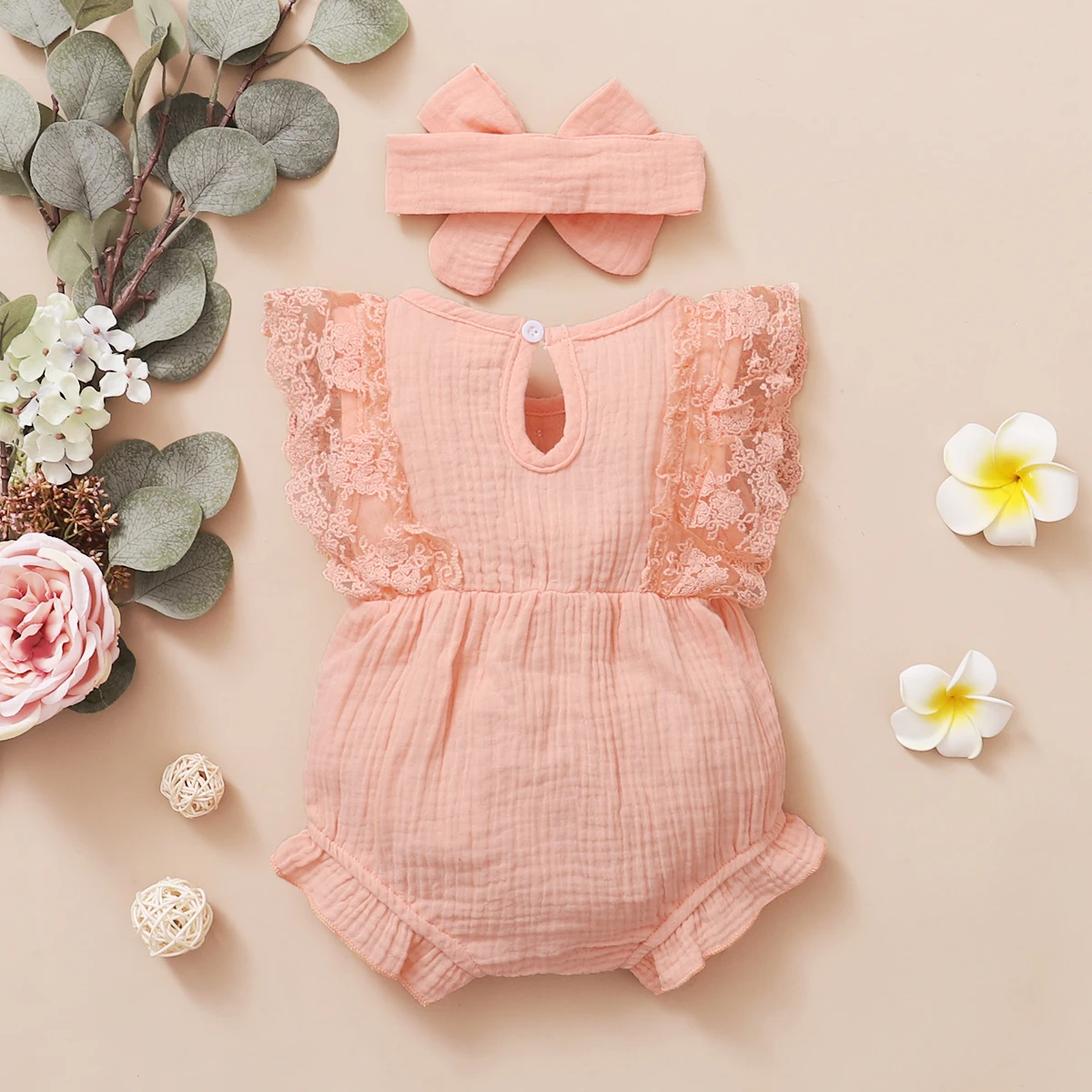 0-18 Months Newborn Baby Girl Plain Soft Bodysuit Lace Flared Sleeve Summer Romper with Headband Toddler Baby Girl Clothing