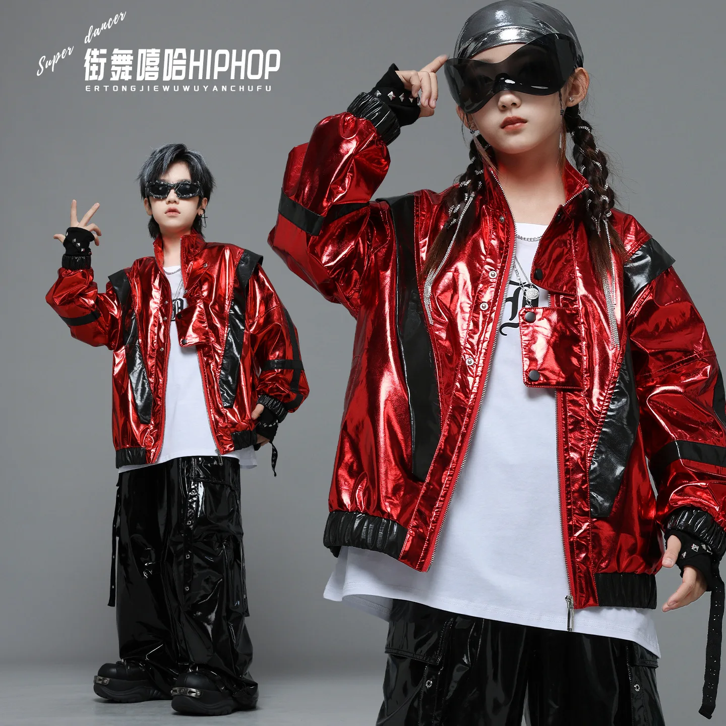 Teenager Kids Contrast Shiny Leather Jacket Street Dance Cargo Pants Boys Girl Group Hip Hop Streetwear Children Jazz Costume