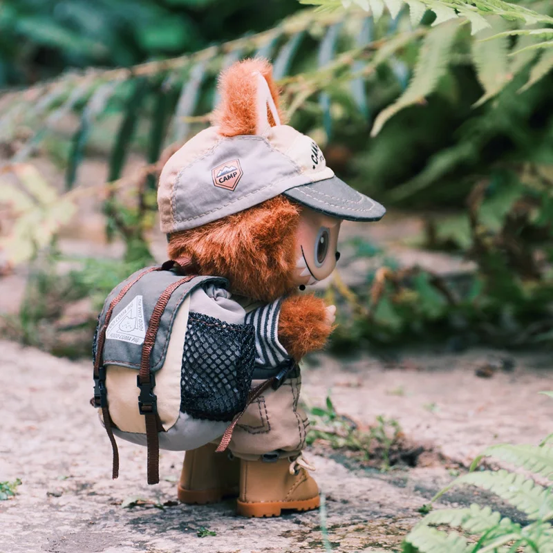 Original 17cm For Labubu Camping Outfit Set Mountain Style Cap Overalls Backpack Trendy Doll Clothes For Collectible Camping Toy