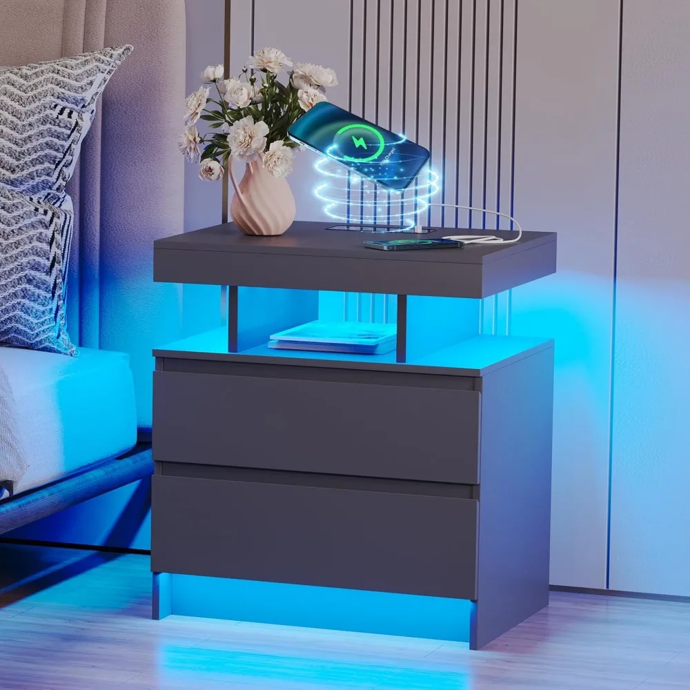 

Nightstand with Charging Station and LED Light, Modern Night Stand with 2 Drawers,Nightstand with USB Ports and Wireless Charger